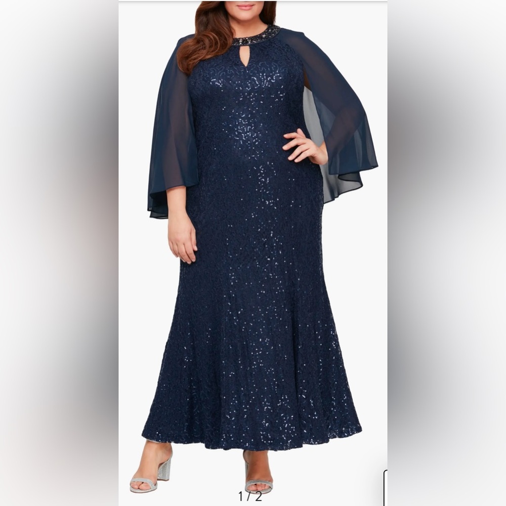 Sequin Cape Long Sleeve Fit & Flare Gown